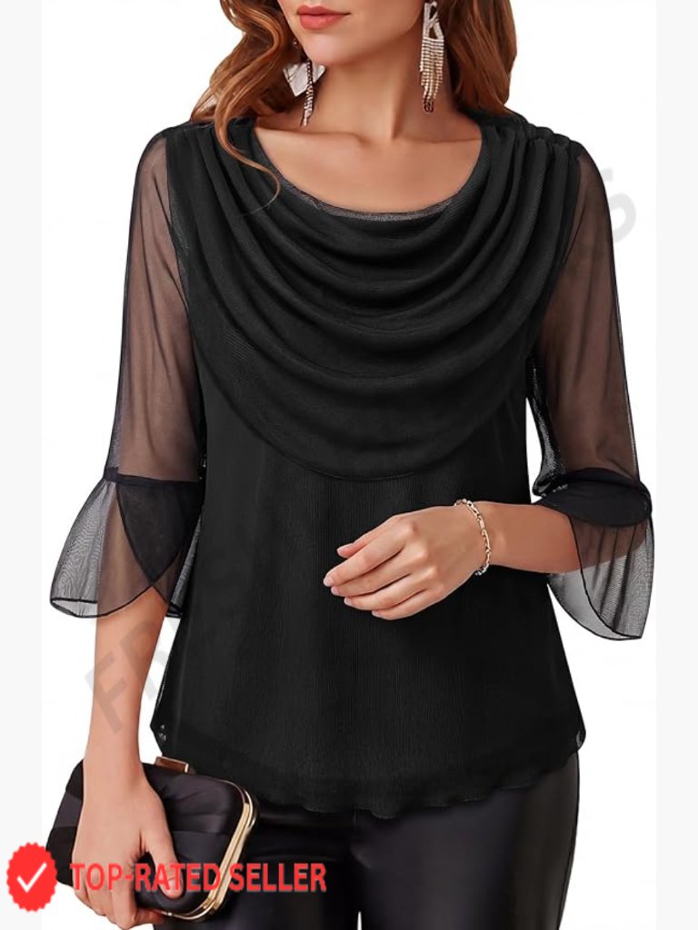 Dressy Casual 3/4 Sleeve Cowl Neck Sparkly Blouse Evening Party Top